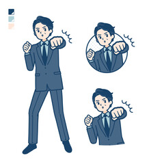 スーツのミドル男性が正面にパンチしているイラスト