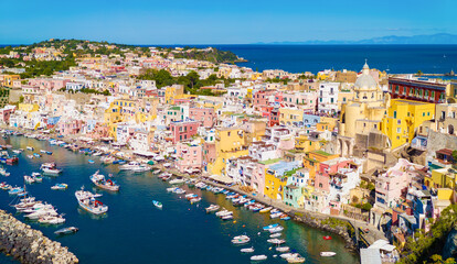 Fototapeta na wymiar Procida (Campania, Italy) - The touristic island town beside Ischia, in the province of Napoli Campania region, with colorated old historical center; the Italian capital of culture 2022.