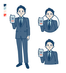 スーツのミドル男性がスマートフォンでキャッシュレス決済しているイラスト