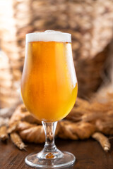 Glass of light craft beer on a wooden table. Beer is poured into a glass with foam and bubbles. for social media or advertising. beer texture. Vertical 