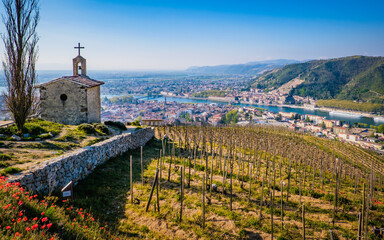 View on the Saint Christophe Chapel and the city of Tain l'hermitage with blooming red poppies and...