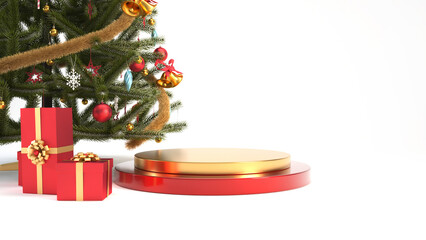 Red and gold happy new year podium or stand with christmas tree and gift boxes for product display. 3d christmas concept render illustration.