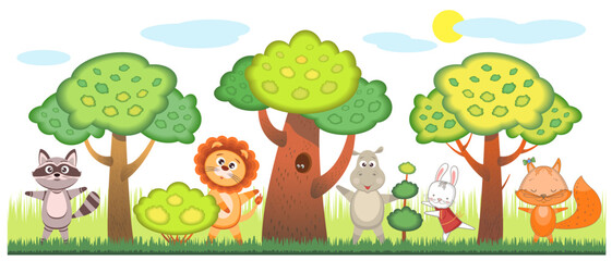 Funny animals. A group of animals on a background of trees. Vector drawing, design, postcard.