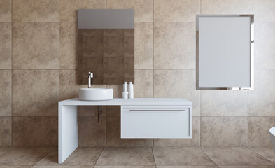 Spacious bathroom in gray tones with heated floors, freestanding tub. 3D rendering.. Mockup.   Empty paintings