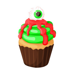 Cupcake Halloween monster dessert with scary eye on blood jelly in cartoon style isolated on white background.