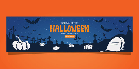Web banner sale template for Halloween with pumpkins and tombstones on blue background