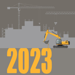 New year greeting card. 2023 year. The excavator is digging New Year s numbers.
