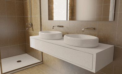 Spacious bathroom in gray tones with heated floors, freestanding tub. 3D rendering.