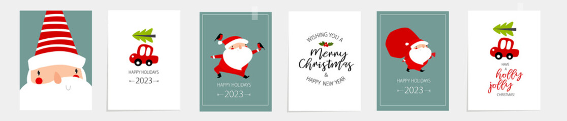 Print. New Year posters. Santa Claus. A small red car is carrying a Christmas tree. Typographic posters. Merry Christmas and Happy New Year! Simple designs. Posters, postcards, invitatio