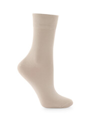 New beige sock isolated on white. Footwear accessory