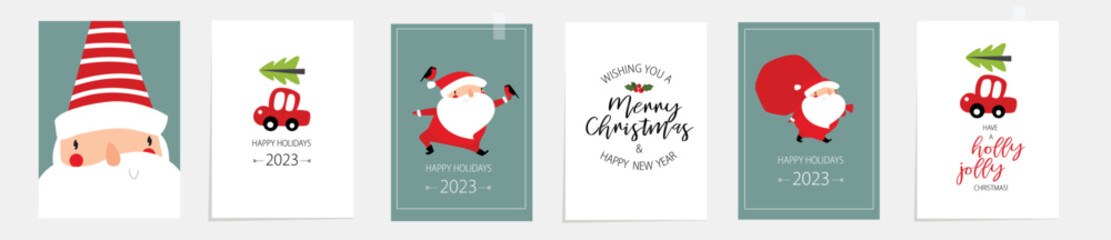 Print. Vector set of New Year posters. Santa Claus. A small red car is carrying a Christmas tree. Typographic posters. Merry Christmas and Happy New Year! Simple designs. Posters, postcards, invitatio - 533865484