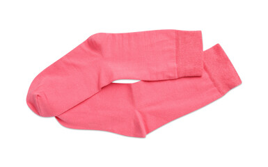 Pair of pink socks on white background, top view
