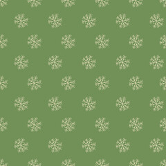 Simple seamless background with white snowflakes on a green background, vector pattern for fabric or wrapping paper design