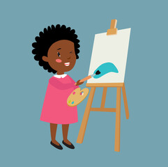 Cute African American girl. The little girl draws with paints on the easel. Cartoon African girl. The girl is learning to draw. Little artist. - 533865699