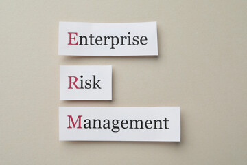 Cards with abbreviation ERM (Enterprise Risk Management) on beige background, flat lay