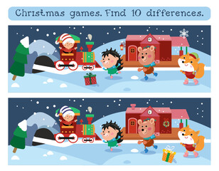 Find 10 differences. Game for children. A cute elf rides a train on Christmas Eve. Animals in the winter forest. Vector illustration.