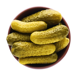 Bowl of tasty pickled cucumbers isolated on white, top view