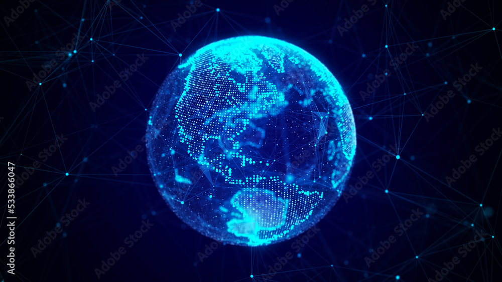 Poster Abstract planet Earth with particles and a connected shell with lines. Global network connection. Science and technology. 3D rendering.