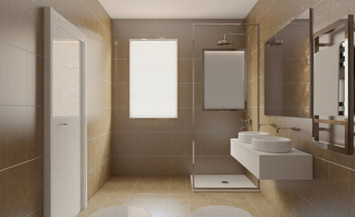 Fototapeta na wymiar Clean and fresh bathroom with natural light. 3D rendering.. Mockup. Empty paintings