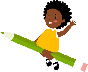 Cute African American girl. The baby flies on a huge pencil. Cartoon African girl. Back to school. welcome to school - 533866046