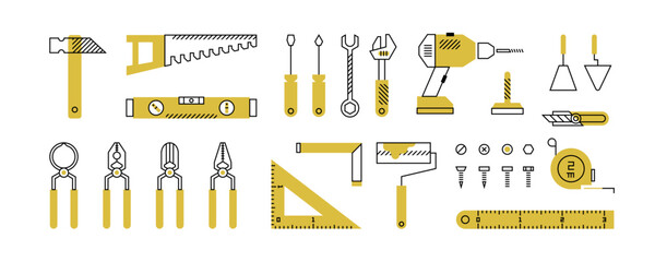 Building doodle tools. Repair work mechanic equipment hammer saw knife scissors wrench screwdriver. Vector isolated set