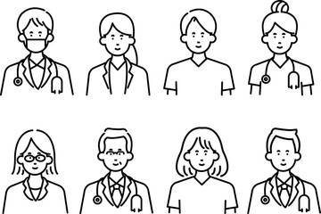 医師の上半身のイラスト素材セット　線画のみ