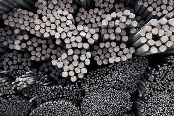 Reinforcing Steel Bar closeup. Reinforcement steel rod and deformed bar with rebar at construction site. Steel rods bars can used for reinforce concrete. Reinforced iron for concrete construction.