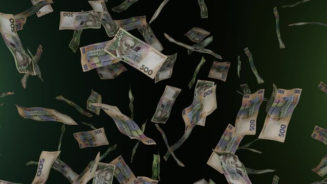 Many wads of money falling down. 500 Ukrainian hryvnia banknotes. Money rain. Financial and business concept. Jackpot or lottery prize.