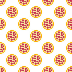 Pixel pizza seamless pattern. 8-bit pizza pepperoni. Pixel art fast food icon in flat design. Pizza sign in retro style. Design for fabric, wallpaper, wrapping paper, packing. Vector illustration