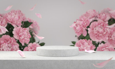 3d Rendering Minimal Podium Display Cement Concrete With Pink Petal Floral Falling Flower Bouquet Backgrounds Abstract Illustration
