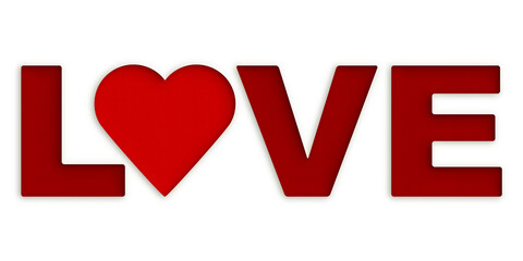 Love, red. Paper cut style illustration with the word Love on a paper background. The letter O has heart shape.