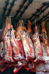 Carcasses hanging in interior of meat delivery truck, Catania, Sicily, Italy, Europe