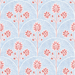Seigaiha seamless watercolor pattern. Wavy ornament in polka dot style. Flowers are drawn with paint on paper. - 533867072