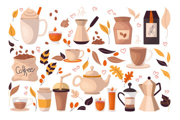 Autumn coffee shop elements flat vector illustrations set. Collection of cartoon drawings of coffee cups, barista tools for cafe menu design in boho style on white background. Autumn, coffee concept