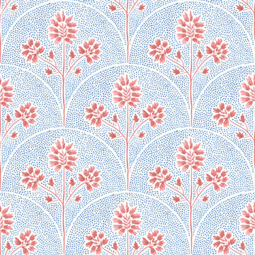 Seigaiha seamless watercolor pattern. Wavy ornament in polka dot style. Flowers are drawn with paint on paper.