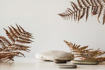 Minimal modern product display on a neutral beige background. Stone podium and tropical leaves. Concept stage showcase for new product, advertising sale, banner, presentation, cosmetics