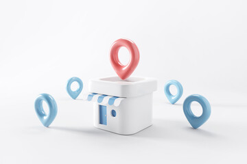 Franchise business growth concept, Minimal shop with location map pin on white background, Business startup, 3d render.