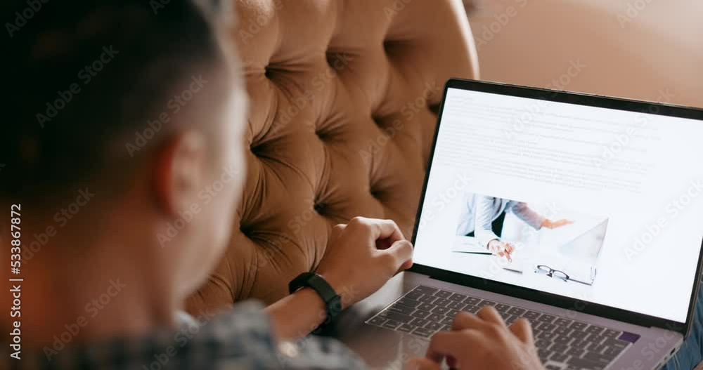 Poster ecommerce, fintech laptop screen or contact us man with research, search and digital information on 
