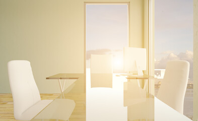 Modern office building interior. 3D rendering.. Sunset.