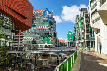 View to iconic Inntel Hotels Amsterdam Zaandam, one of the most recognizable hotels in the Netherlands and the whole Europe