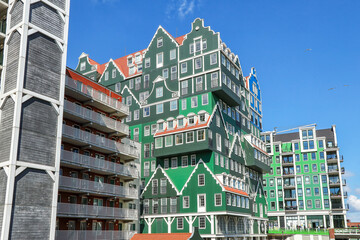 View to iconic Inntel Hotels Amsterdam Zaandam, one of the most recognizable hotels in the Netherlands and the whole Europe - 533868872