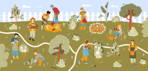 Characters working in garden. Gardening hobby, farm works concept with people harvesting, planting and caring of plants, raking ground and watering flowers, Cartoon linear flat vector illustration