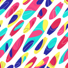 Seamless pattern with bright surfboards on a white background. Pattern for bright summer clothes for children and adults. Flat vector illustration.