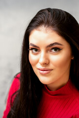 Obraz premium The fashionable young woman. Portrait of the beautiful female model with long hair and makeup. Beauty young caucasian woman with a black hairstyle on the background of a gray wall