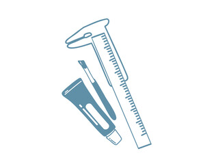 Caliper, brush, paint for coloring or correcting eyebrows. Eyebrow architecture. Facial care and makeup in a professional beauty salon. Doodle, linear, isolated on white background.Vector 
