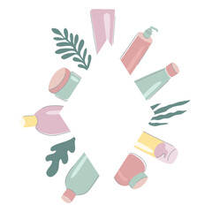 Beauty products diamond shaped frame. Cosmetic bottles and tubes arranged in rhombus shape. Hand drawn vector illustration