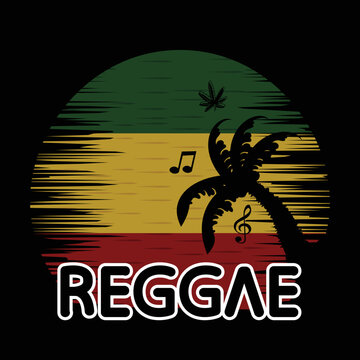 reggae themed background with musical notes composition, cannabis and coconut trees