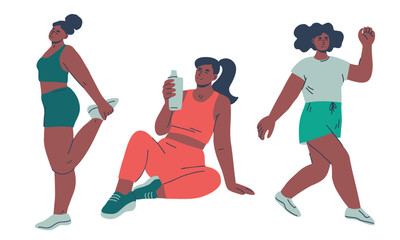 Women working out set. Active sporty black female characters. Hand drawn vector illustration