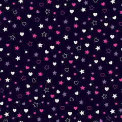 simple pattern of stars. little pink and white stars and hearts. Dark background. vector texture. fashionable print for textiles, wallpaper and packaging.