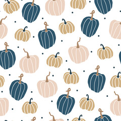 Seamless pattern for Halloween. cute colored pumpkins and dots on a white background. vector texture. fashionable print for textiles, wallpaper and packaging.